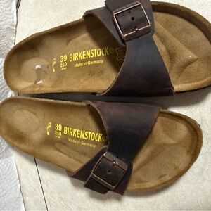 Birkenstock Brown Single Buckle Leather Slide Sandals
